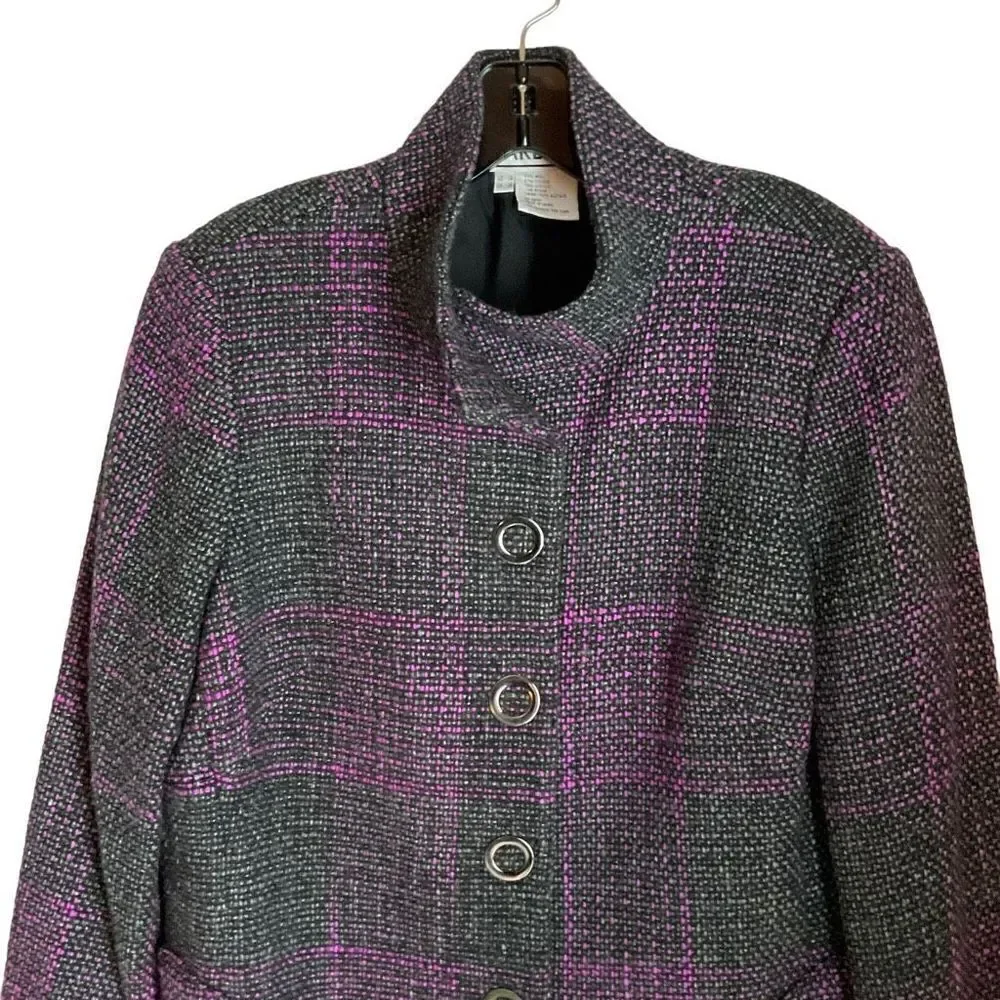 Carlisle Jacket Tweed Wool Blend Button Snap Front Black Pink Grey Weave Size 14